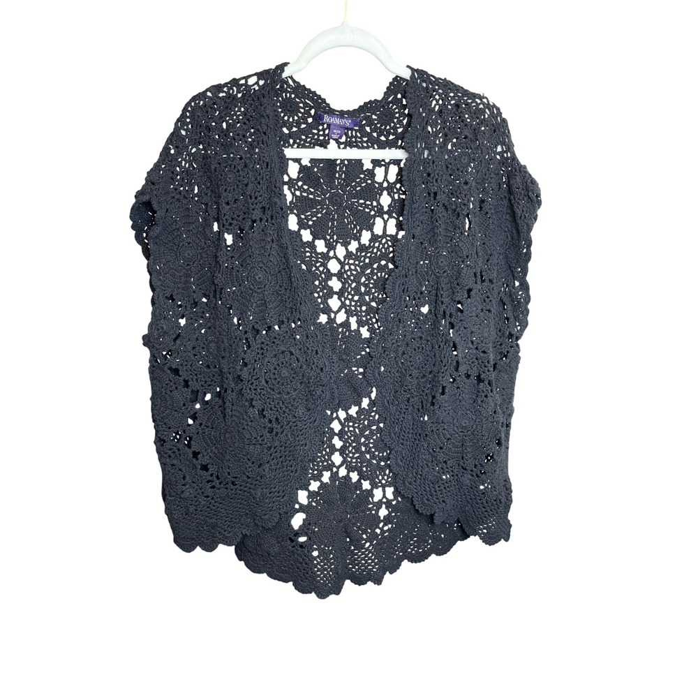 Roamans Womens Black Cotton Crochet Open Front Vest Scalloped Hem Size 18/20 L